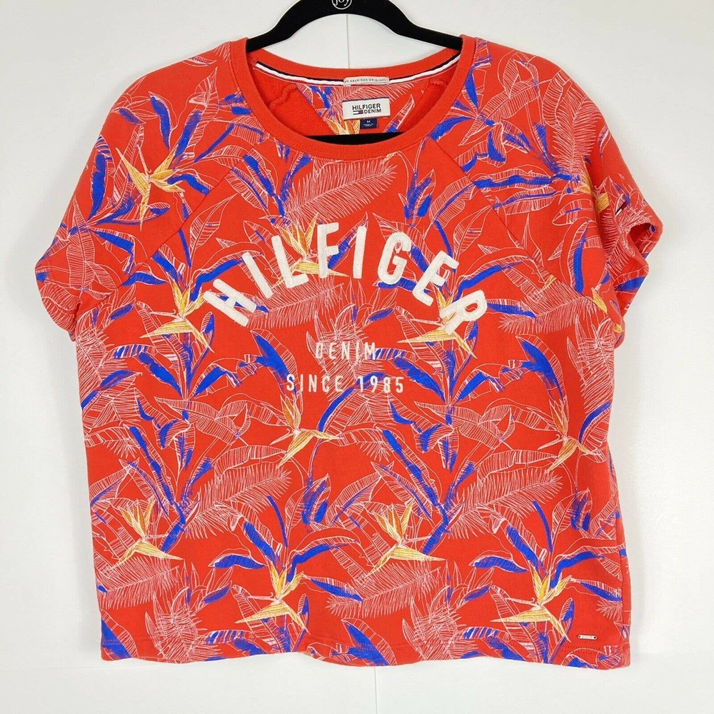 Tommy Hilfiger Sz M Spell Out Tropical Boxy Crew Neck Shirt Orange Leaves Print